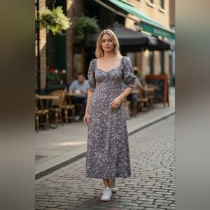Milkmaid  Midi Dress Ladies XL Gray Floral Bohemian French Festival Country